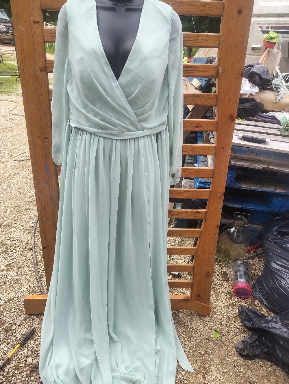 Elegant Long Sleeve Sage Green Wrap Maxi Dress